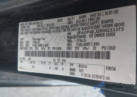 2011 Ford Fiesta Se z USA, uszkodzony, nr VIN 3FADP4EJ2BM233373